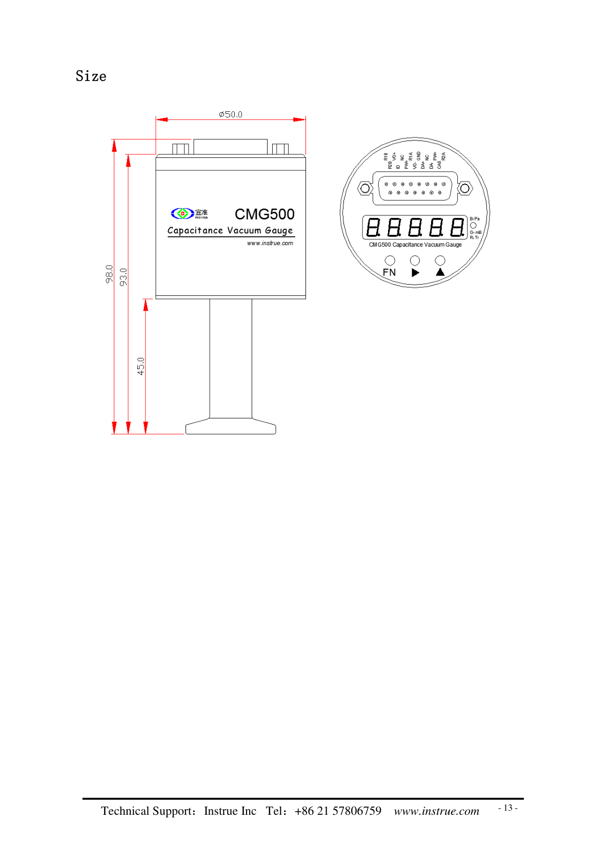 CMG500 — полный размерный лист EN V1.0, стр. 13. Верхняя панель, разъём и габаритная цепь.